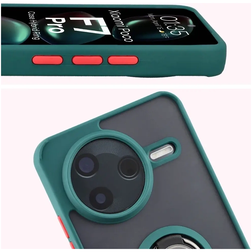 Etui z uchwytem na palec Bizon Case Hybrid Ring do Xiaomi POCO F7 Pro przydymione z ciemnozieloną ramką