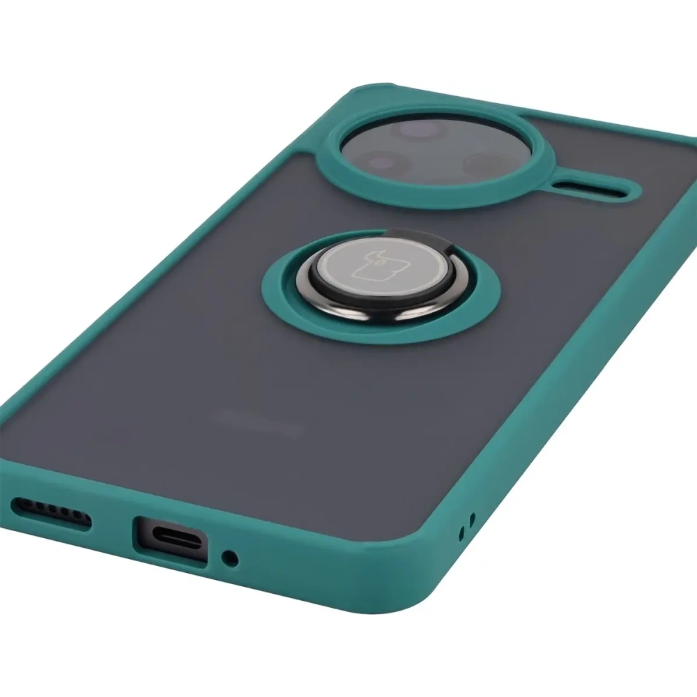 Etui z uchwytem na palec Bizon Case Hybrid Ring do Xiaomi POCO F7 Pro przydymione z ciemnozieloną ramką