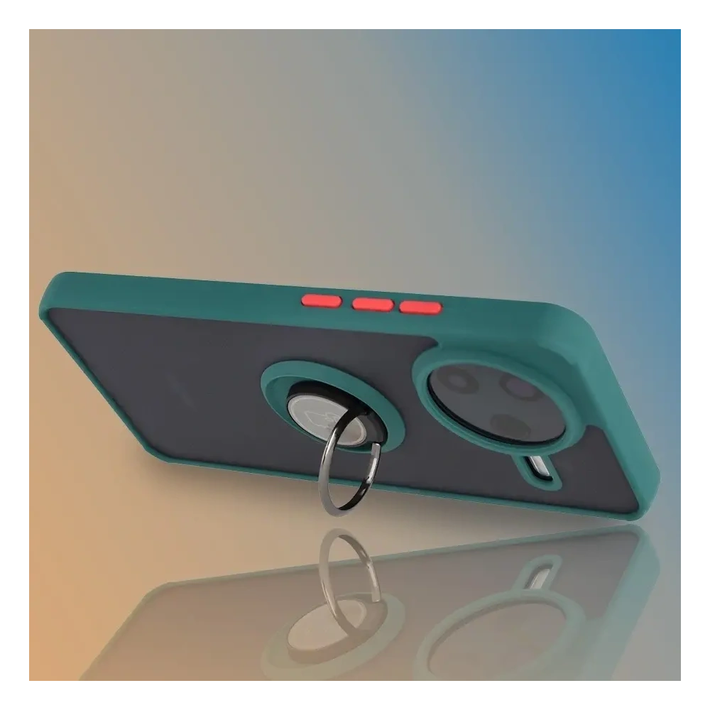 Etui z uchwytem na palec Bizon Case Hybrid Ring do Xiaomi POCO F7 Pro przydymione z ciemnozieloną ramką
