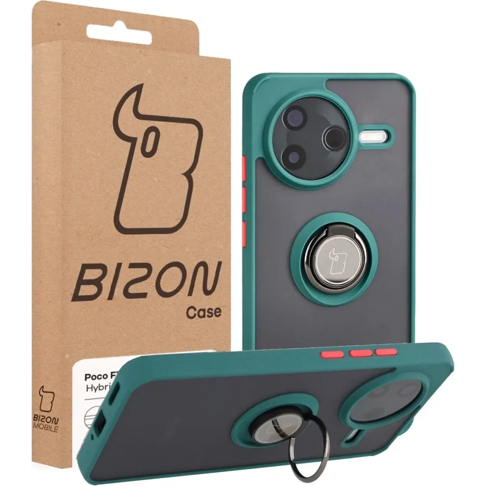 Etui z uchwytem na palec Bizon Case Hybrid Ring do Xiaomi POCO F7 Pro przydymione z ciemnozieloną ramką