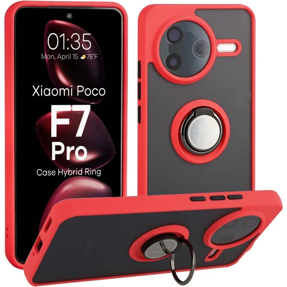 Etui z uchwytem na palec Bizon Case Hybrid Ring do Xiaomi POCO F7 Pro przydymione z czerwoną ramką