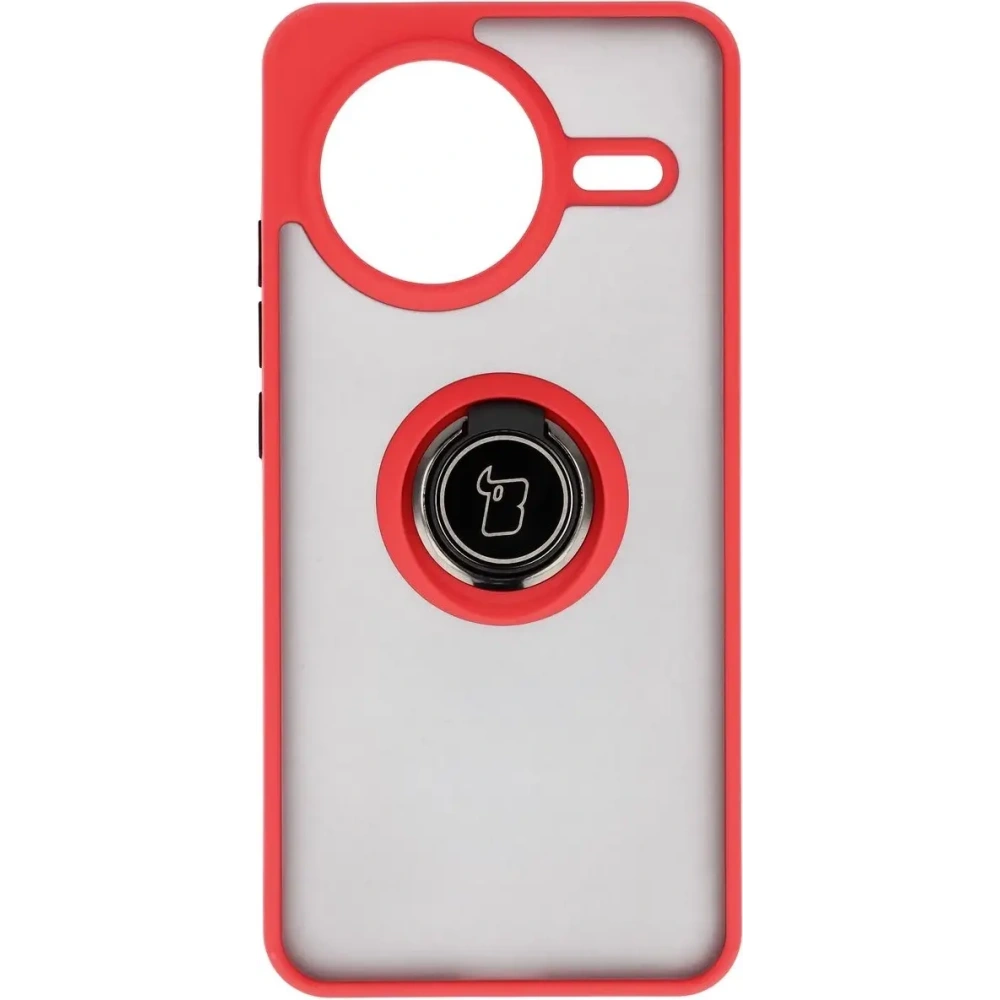 Etui z uchwytem na palec Bizon Case Hybrid Ring do Xiaomi POCO F7 Pro przydymione z czerwoną ramką