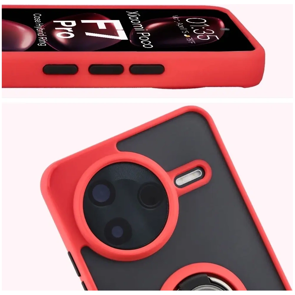 Etui z uchwytem na palec Bizon Case Hybrid Ring do Xiaomi POCO F7 Pro przydymione z czerwoną ramką