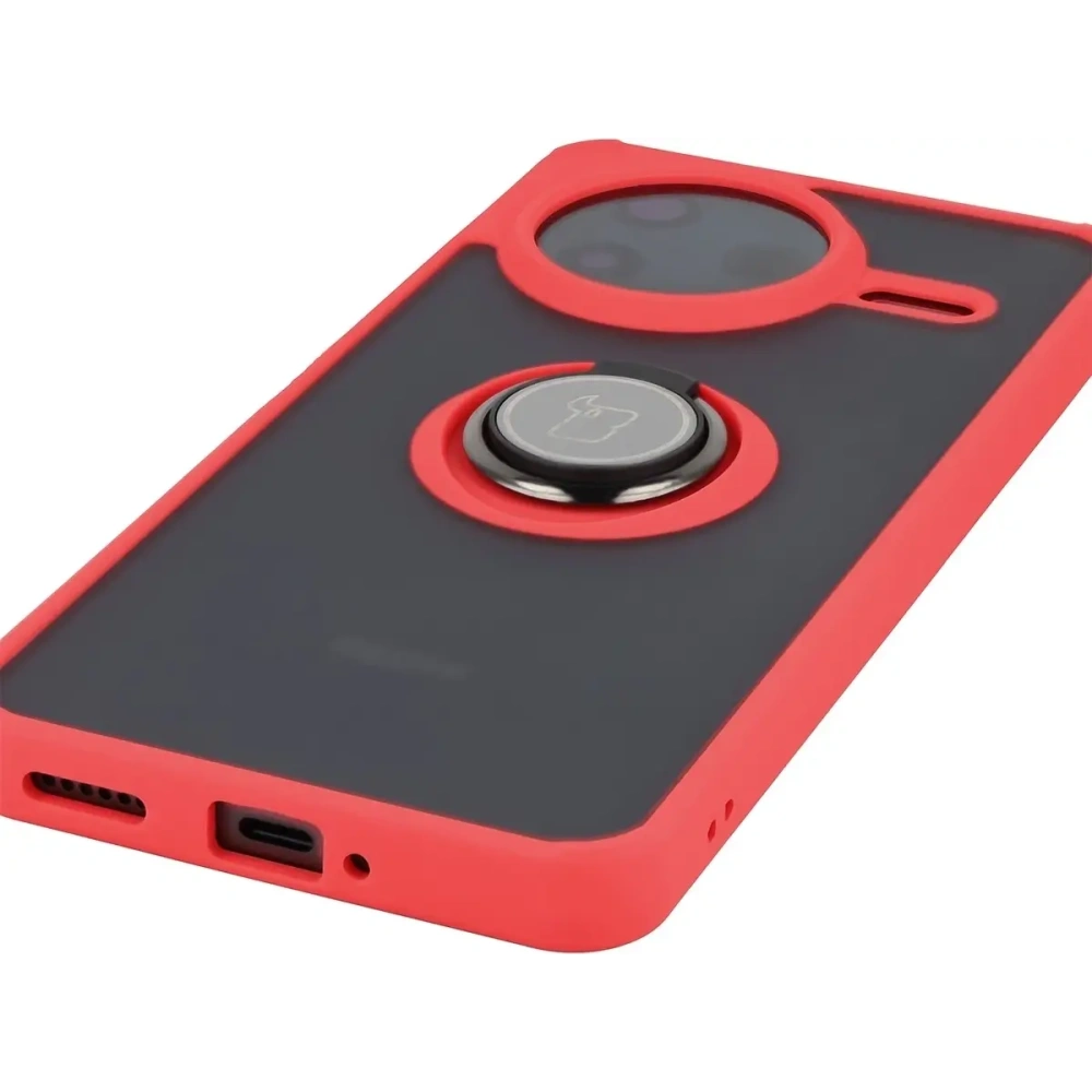 Etui z uchwytem na palec Bizon Case Hybrid Ring do Xiaomi POCO F7 Pro przydymione z czerwoną ramką