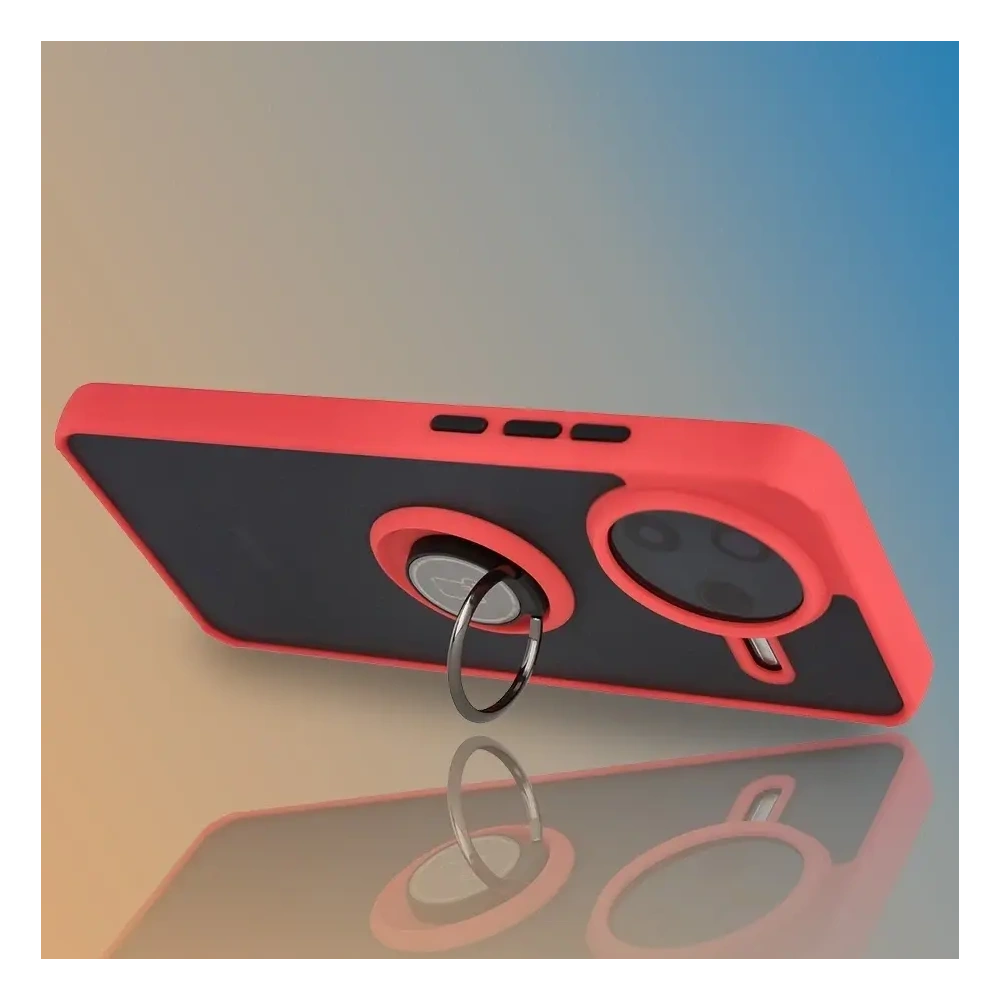 Etui z uchwytem na palec Bizon Case Hybrid Ring do Xiaomi POCO F7 Pro przydymione z czerwoną ramką