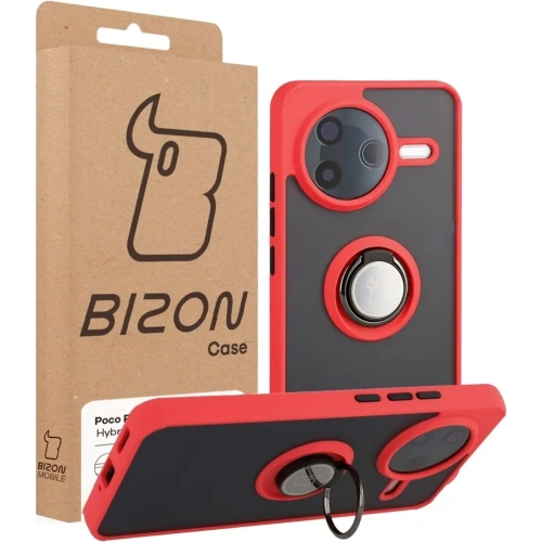 Etui z uchwytem na palec Bizon Case Hybrid Ring do Xiaomi POCO F7 Pro przydymione z czerwoną ramką