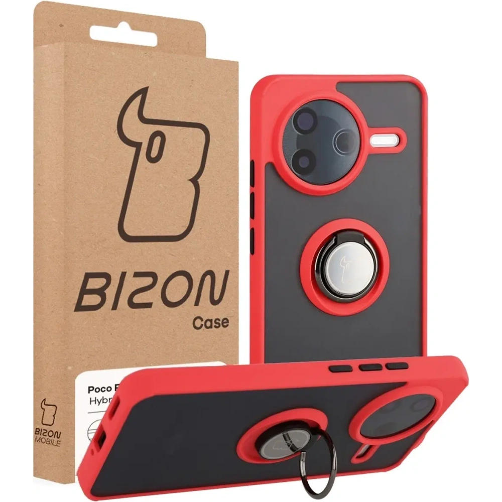Etui z uchwytem na palec Bizon Case Hybrid Ring do Xiaomi POCO F7 Pro przydymione z czerwoną ramką