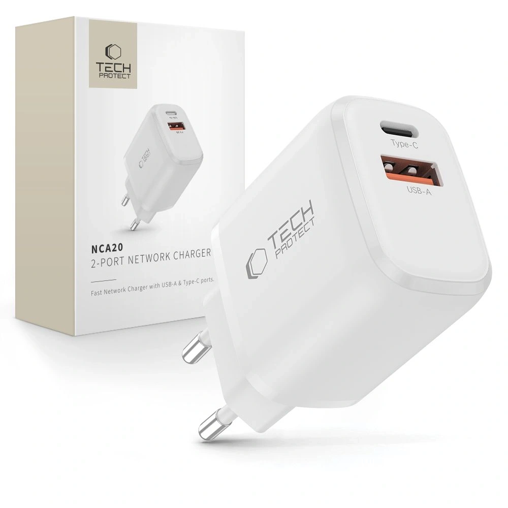 Ładowarka sieciowa Tech-Protect NCA20 USB-A, USB-C Network Charger PD 20W / QC3.0 White