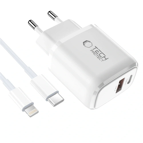 Ładowarka sieciowa Tech-Protect NCA20 USB-A, USB-C Network Charger PD 20W / QC3.0 + Lightning Cable White