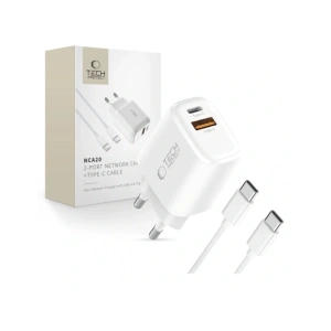 Ładowarka sieciowa Tech-Protect NCA20 USB-A, USB-C Network Charger PD 20W / QC3.0 + USB-C Cable White