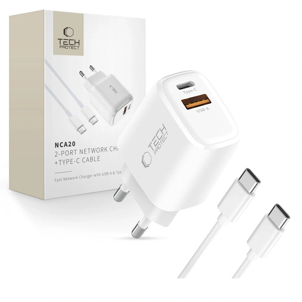 Ładowarka sieciowa Tech-Protect NCA20 USB-A, USB-C Network Charger PD 20W / QC3.0 + USB-C Cable White