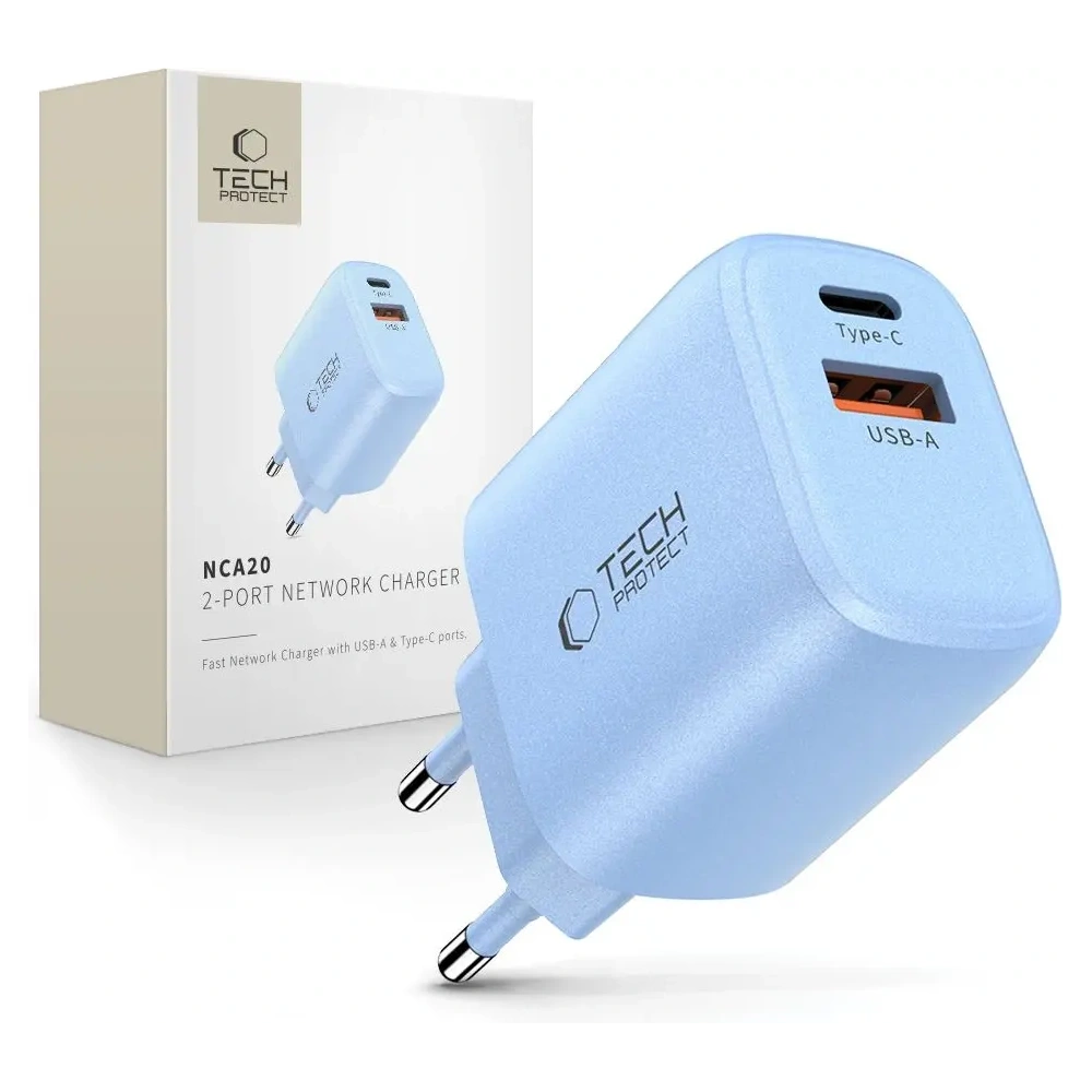 Ładowarka sieciowa Tech-Protect NCA20 USB-A, USB-C Network Charger PD 20W / QC3.0 Baby Blue