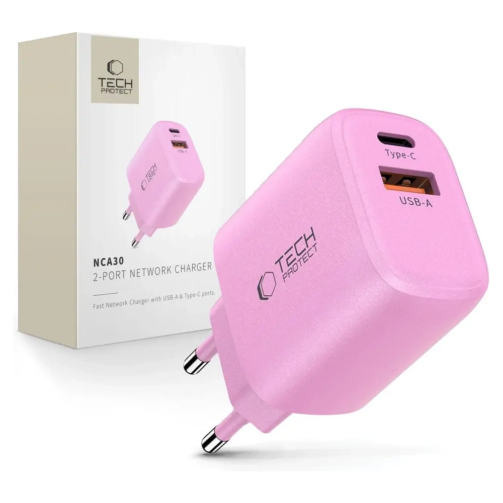 Ładowarka sieciowa Tech-Protect NCA30 USB-A, USB-C Network Charger PD 30W / QC3.0 Baby Pink