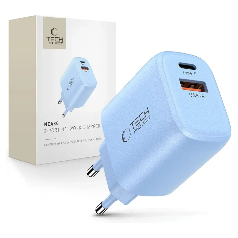 Ładowarka sieciowa Tech-Protect NCA30 USB-A, USB-C Network Charger PD 30W / QC3.0 Baby Blue