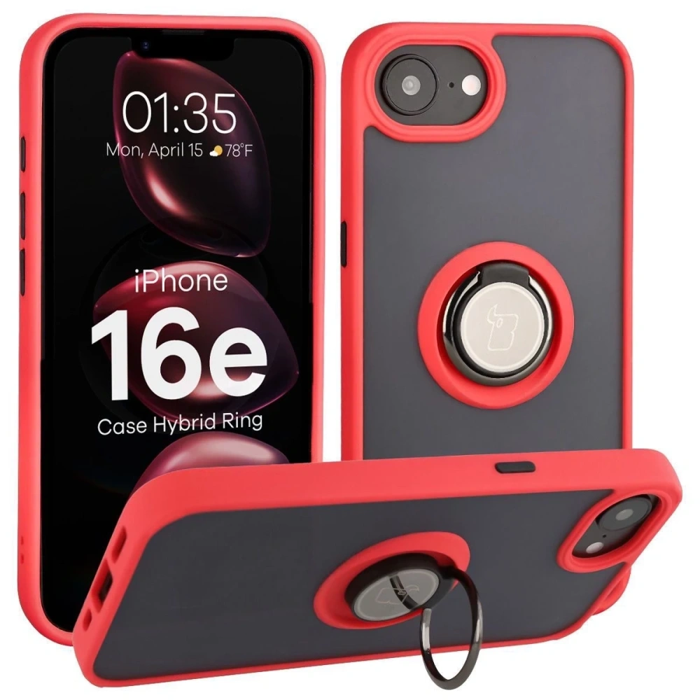 Etui z uchwytem na palec Bizon Case Hybrid Ring do Apple iPhone 16e przydymione z czerwoną ramką