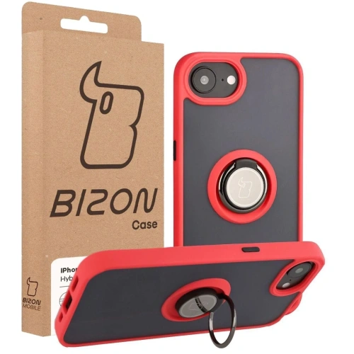Etui z uchwytem na palec Bizon Case Hybrid Ring do Apple iPhone 16e przydymione z czerwoną ramką