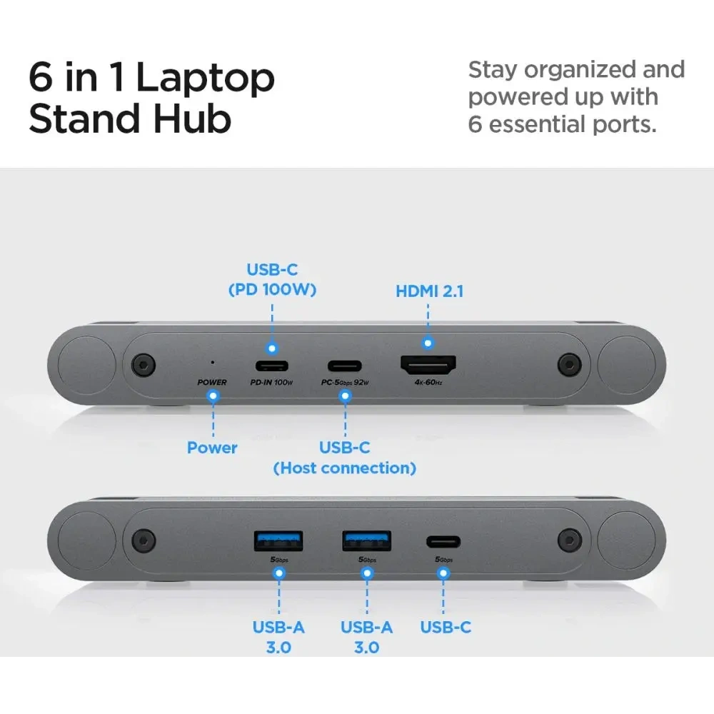 Stojak Spigen LD204H Laptop Stand USB-C Hub 6w1: 100W ładowanie, HDMI 4K, 2x USB-A, transfer 5Gb/s Space Grey