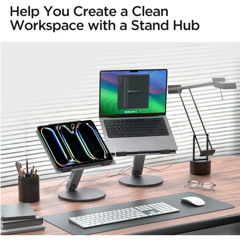 Stojak Spigen LD204H Laptop Stand USB-C Hub 6w1: 100W ładowanie, HDMI 4K, 2x USB-A, transfer 5Gb/s Space Grey