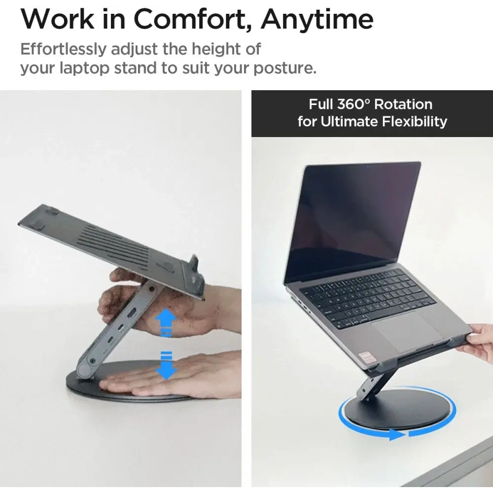 Stojak Spigen LD204H Laptop Stand USB-C Hub 6w1: 100W ładowanie, HDMI 4K, 2x USB-A, transfer 5Gb/s Space Grey