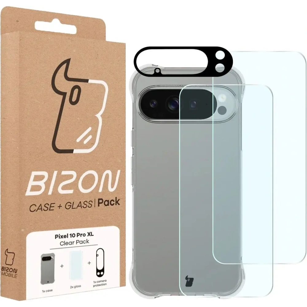 Etui + 2x szkło hartowane + szkiełko na obiektyw Bizon Case Clear Pack do Google Pixel 10 Pro XL