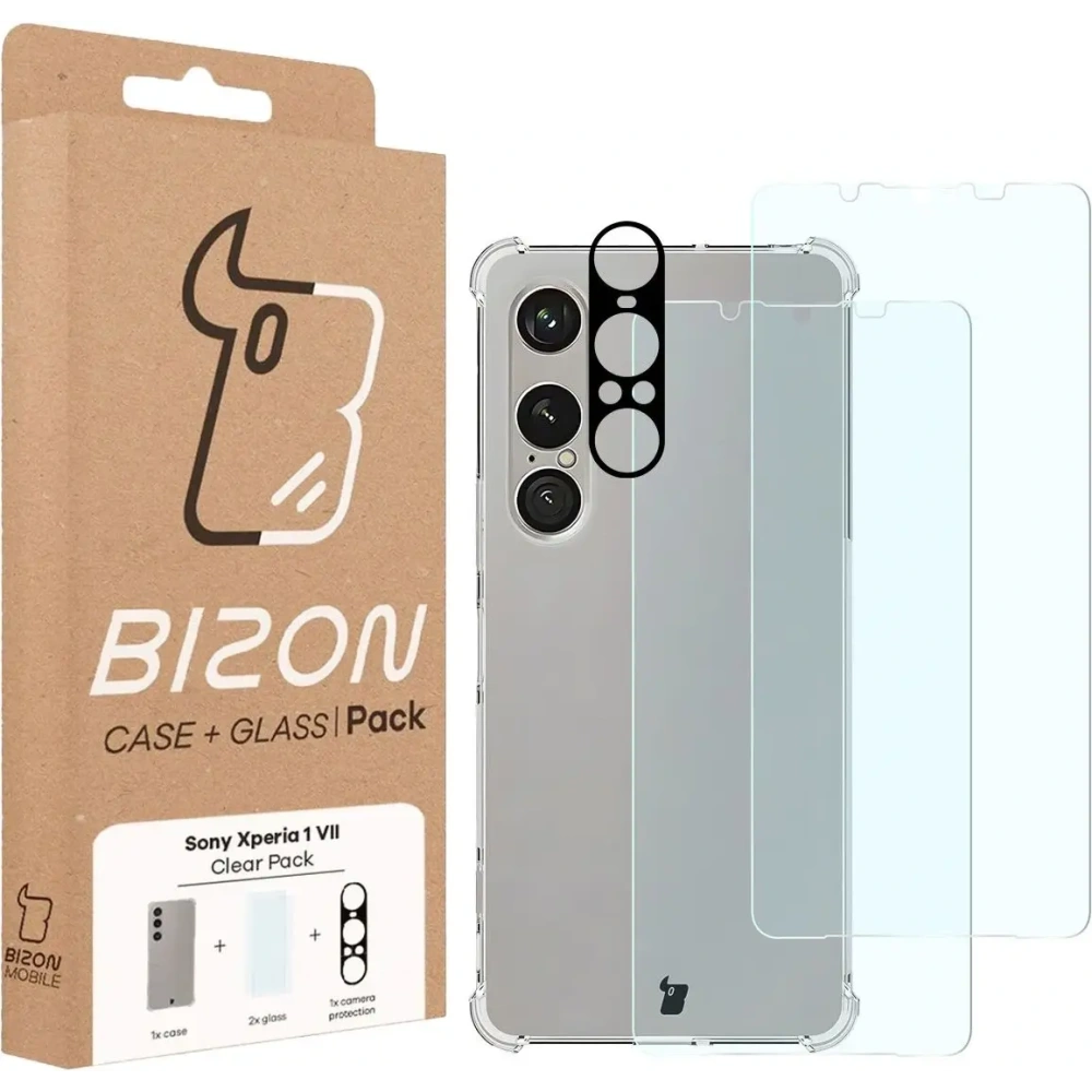 Etui + 2x szkło hartowane + szkiełko na obiektyw Bizon Case Clear Pack do Sony Xperia 1 VII