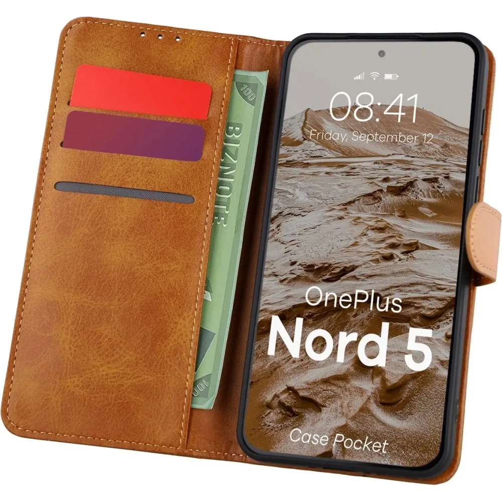 Etui z klapką Bizon Case Pocket do OnePlus Nord 5 brązowe