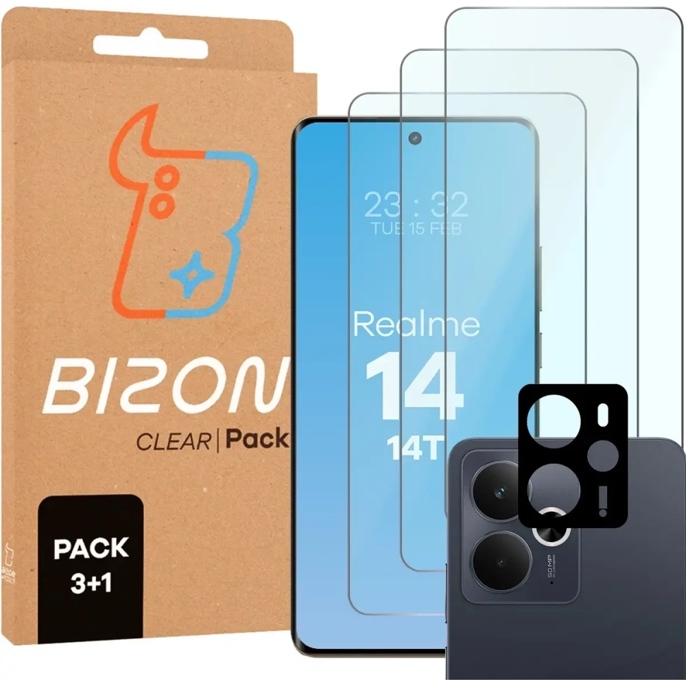 3x Szkło na ekran + szkło na aparat Bizon Glass Clear Pack do Realme 14 5G / 14T 5G
