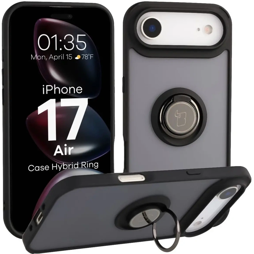 Etui z uchwytem na palec Bizon Case Hybrid Ring do Apple iPhone Air przydymione z czarną ramką