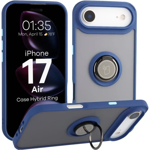 Etui z uchwytem na palec Bizon Case Hybrid Ring do Apple iPhone 17 Air przydymione z granatową ramką
