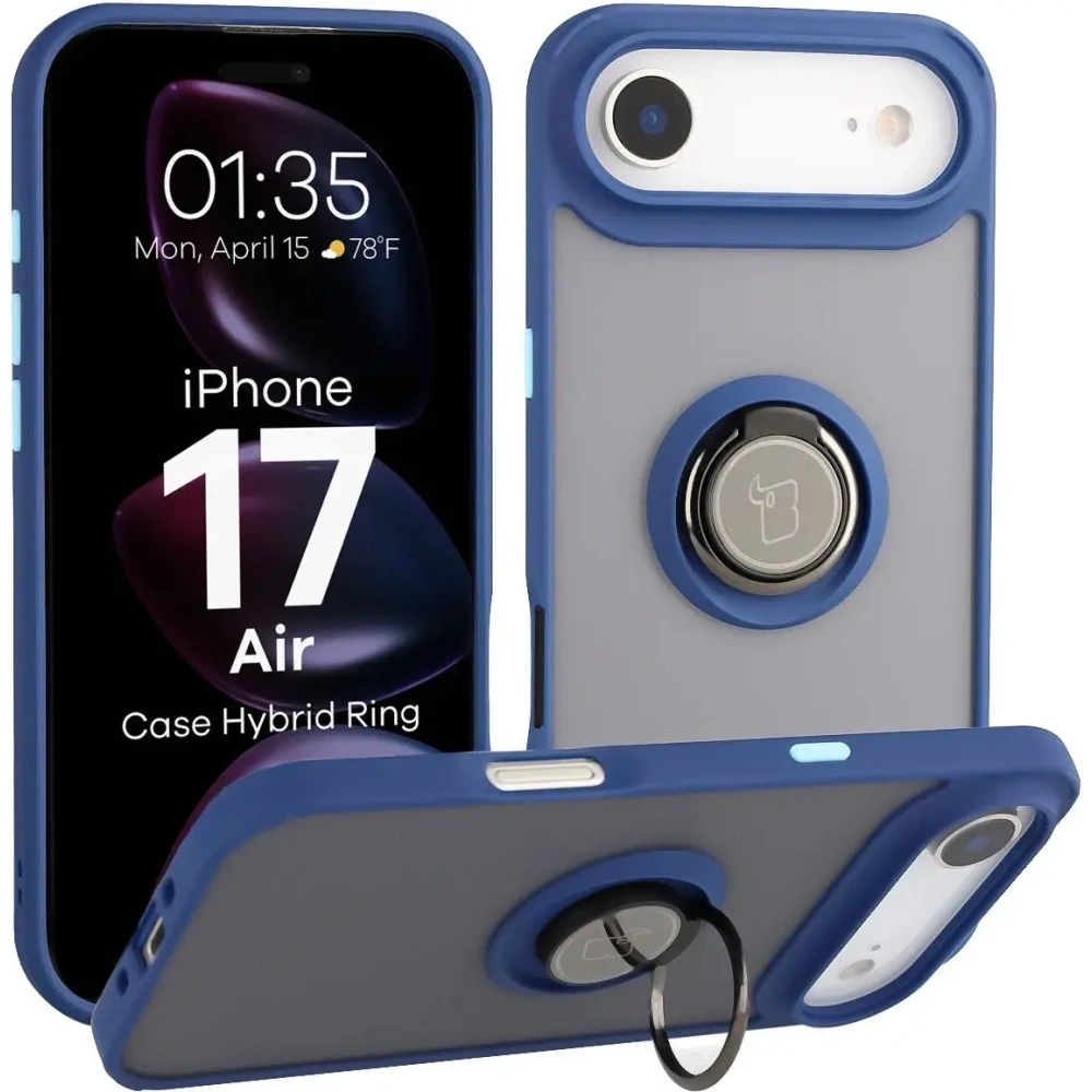 Etui z uchwytem na palec Bizon Case Hybrid Ring do Apple iPhone Air przydymione z granatową ramką