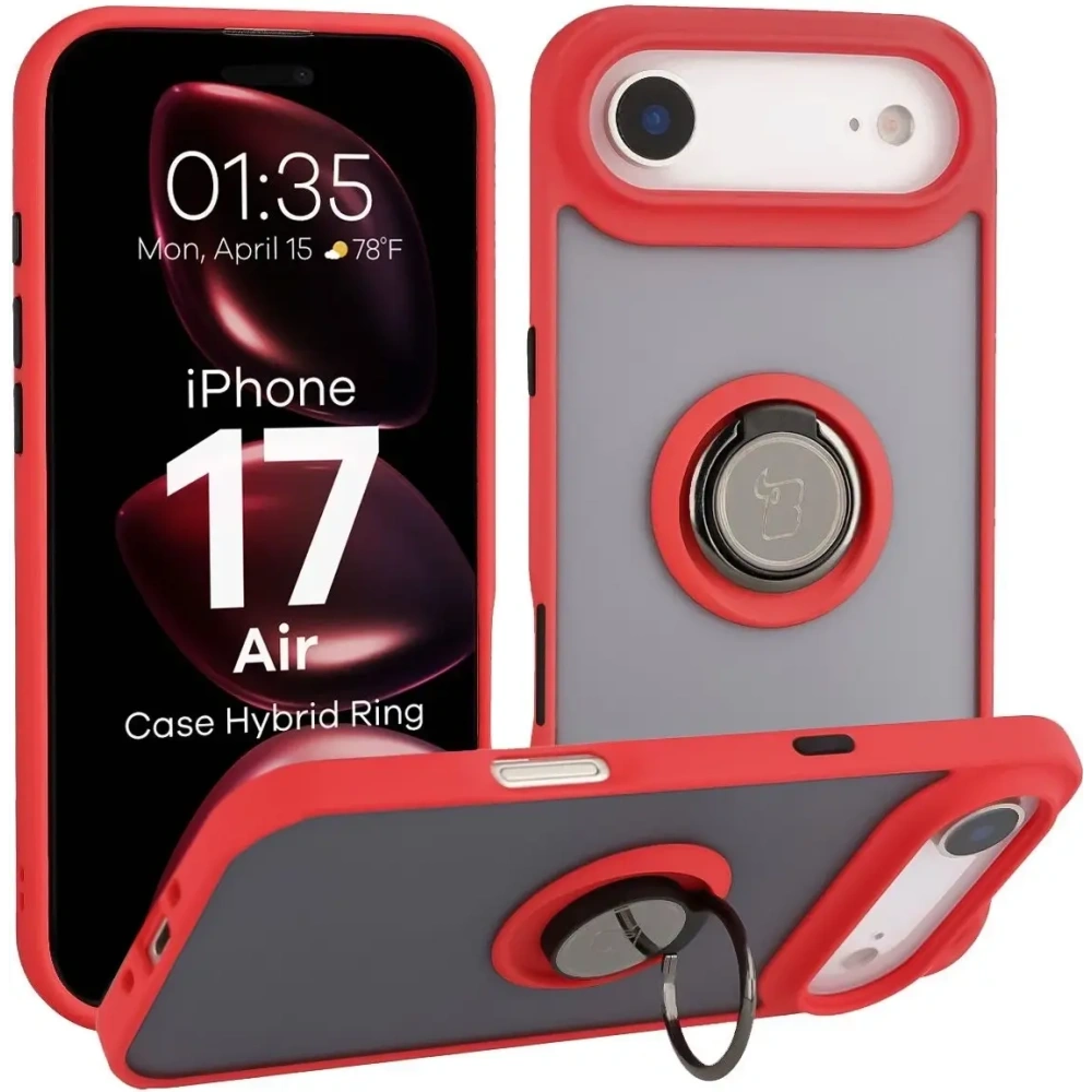 Etui z uchwytem na palec Bizon Case Hybrid Ring do Apple iPhone Air przydymione z czerwoną ramką