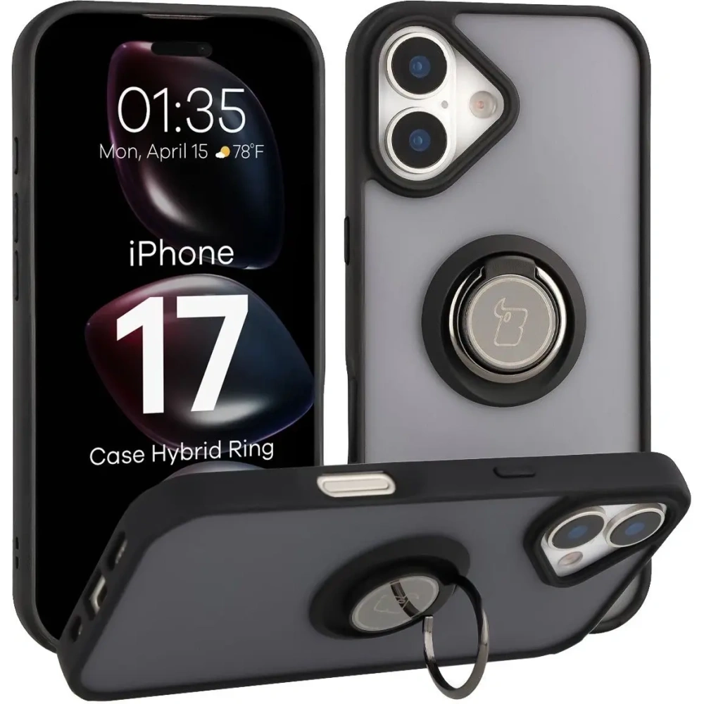 Etui z uchwytem na palec Bizon Case Hybrid Ring do Apple iPhone 17 przydymione z czarną ramką