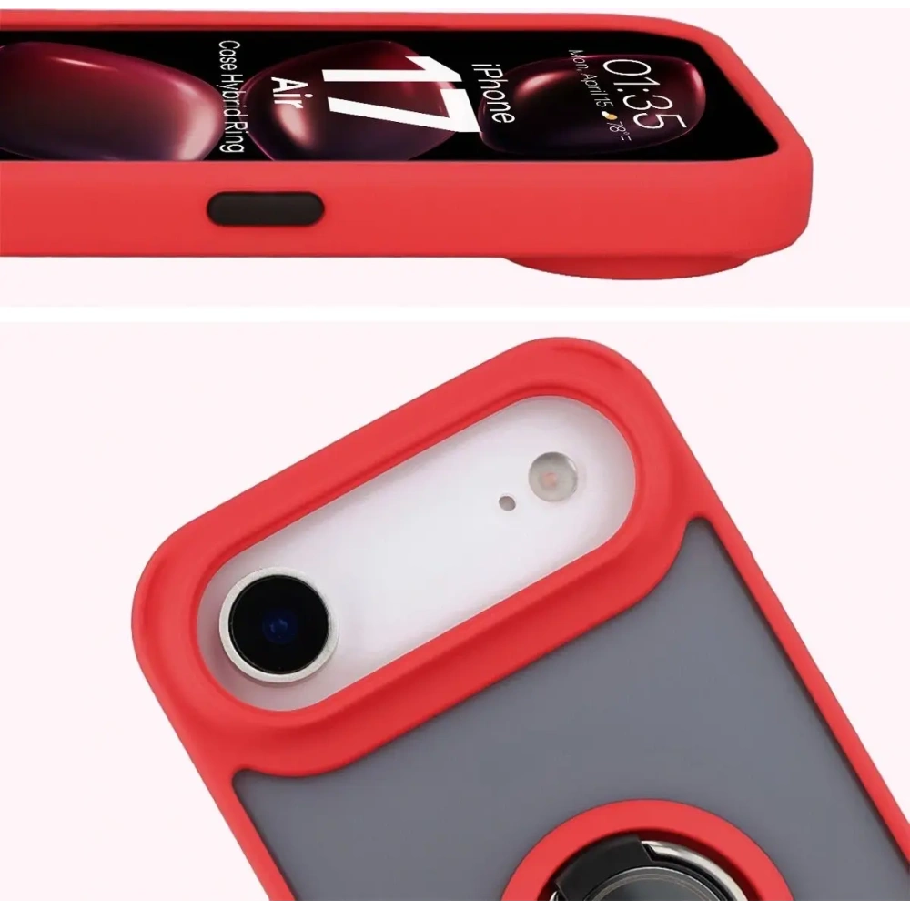 Etui z uchwytem na palec Bizon Case Hybrid Ring do Apple iPhone Air przydymione z czerwoną ramką