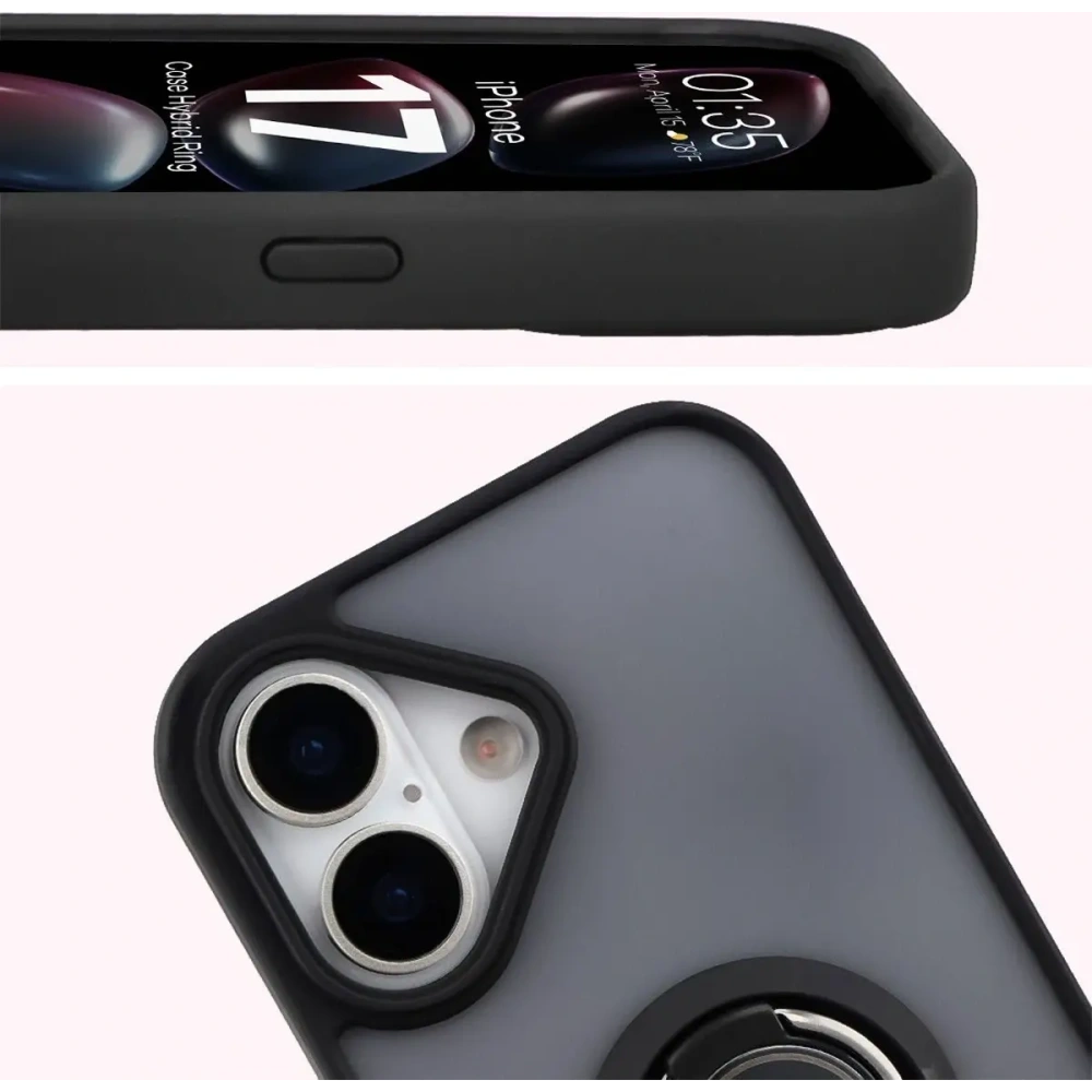 Etui z uchwytem na palec Bizon Case Hybrid Ring do Apple iPhone 17 przydymione z czarną ramką