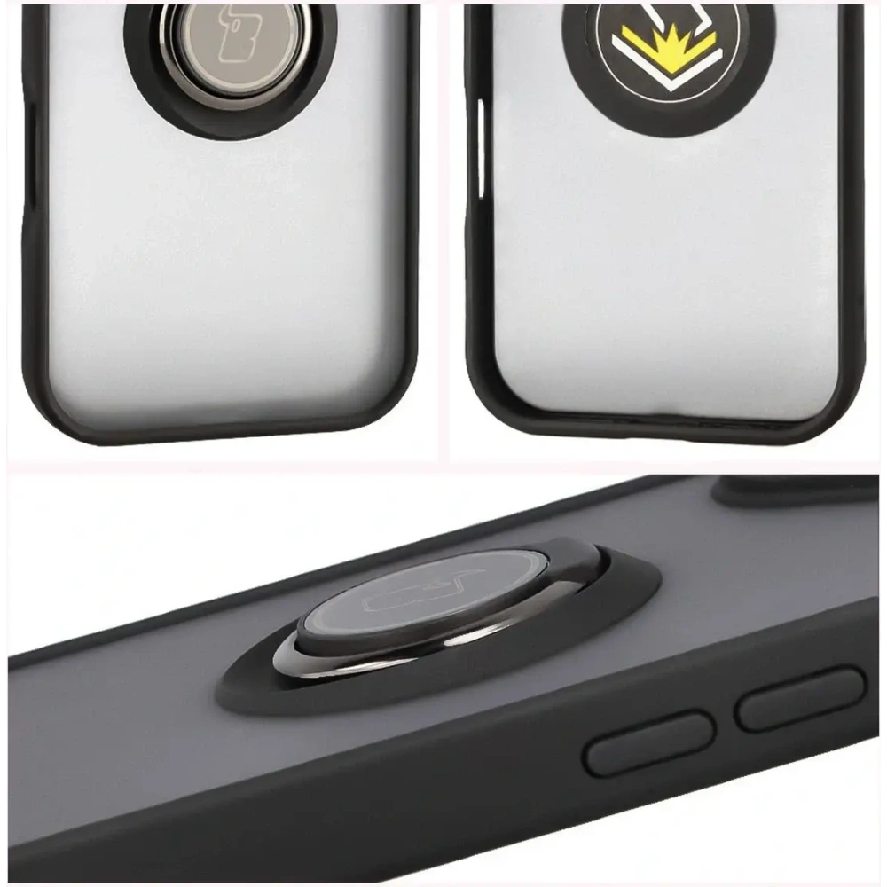 Etui z uchwytem na palec Bizon Case Hybrid Ring do Apple iPhone 17 przydymione z czarną ramką