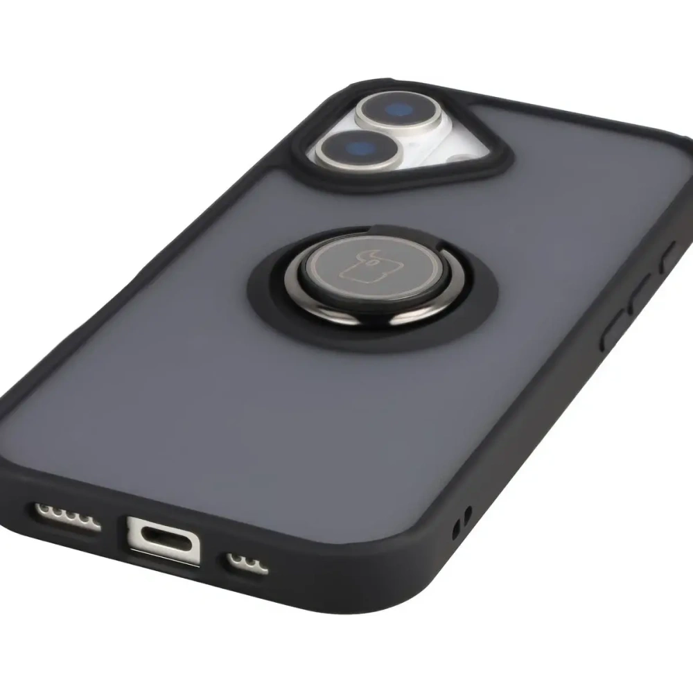 Etui z uchwytem na palec Bizon Case Hybrid Ring do Apple iPhone 17 przydymione z czarną ramką