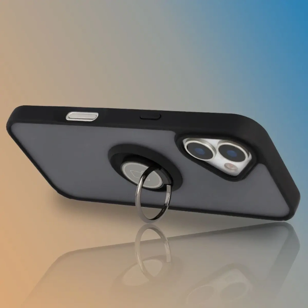 Etui z uchwytem na palec Bizon Case Hybrid Ring do Apple iPhone 17 przydymione z czarną ramką