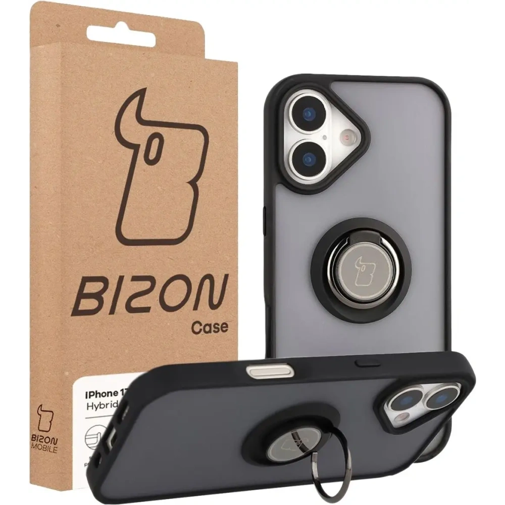 Etui z uchwytem na palec Bizon Case Hybrid Ring do Apple iPhone 17 przydymione z czarną ramką