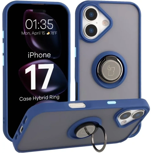 Etui z uchwytem na palec Bizon Case Hybrid Ring do Apple iPhone 17 przydymione z granatową ramką