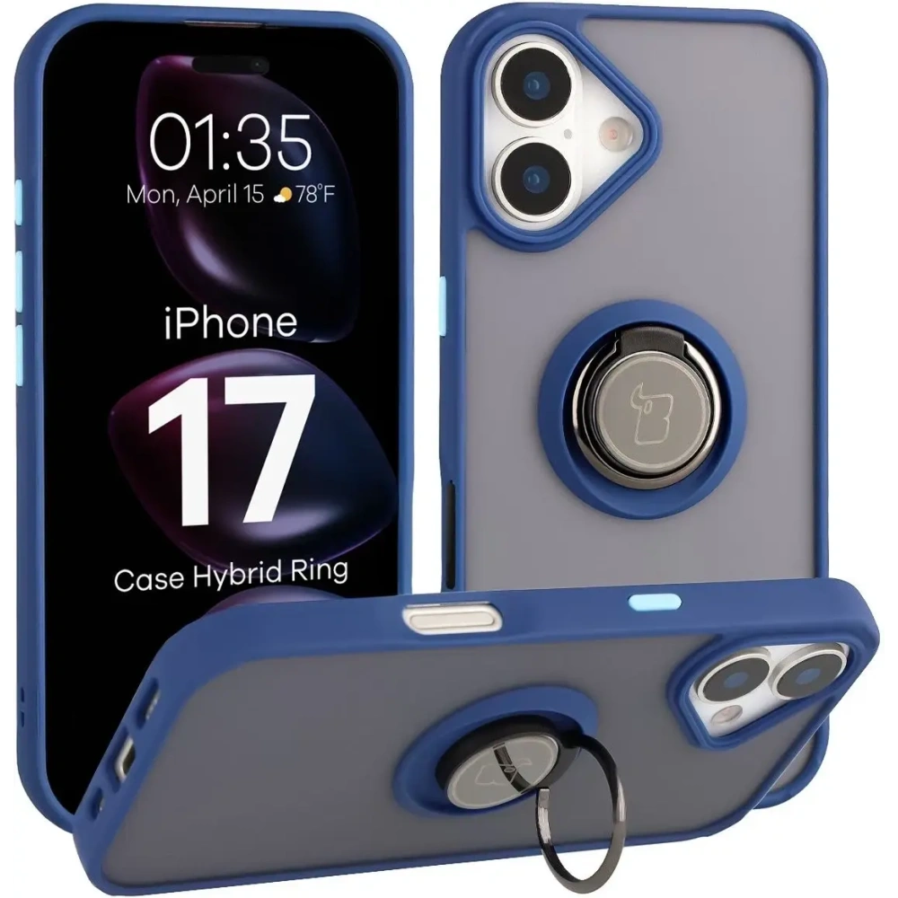 Etui z uchwytem na palec Bizon Case Hybrid Ring do Apple iPhone 17 przydymione z granatową ramką