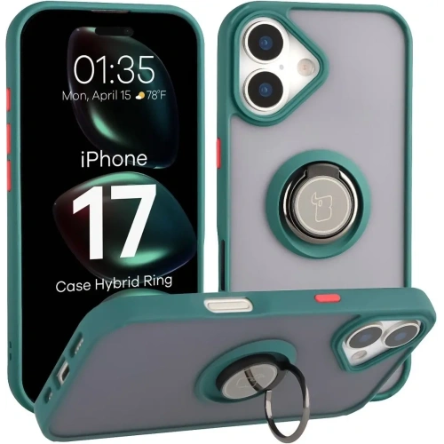Etui z uchwytem na palec Bizon Case Hybrid Ring do Apple iPhone 17 przydymione z ciemnozieloną ramką