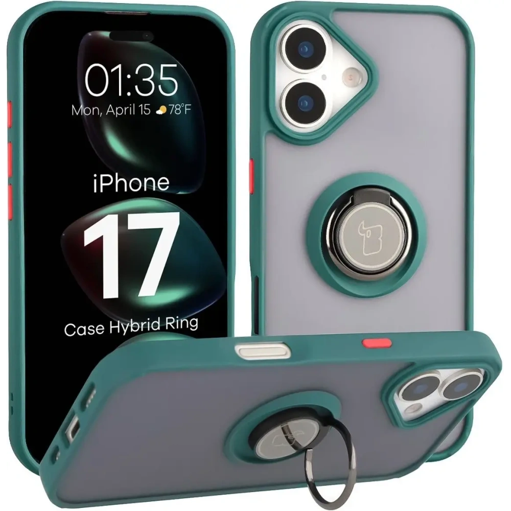 Etui z uchwytem na palec Bizon Case Hybrid Ring do Apple iPhone 17 przydymione z ciemnozieloną ramką