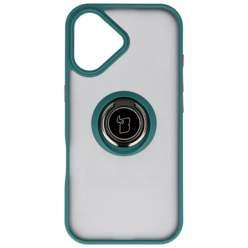 Etui z uchwytem na palec Bizon Case Hybrid Ring do Apple iPhone 17 przydymione z ciemnozieloną ramką