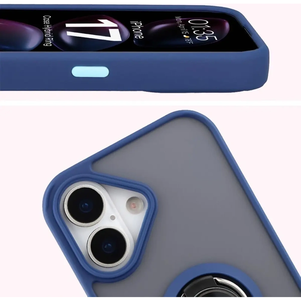 Etui z uchwytem na palec Bizon Case Hybrid Ring do Apple iPhone 17 przydymione z granatową ramką