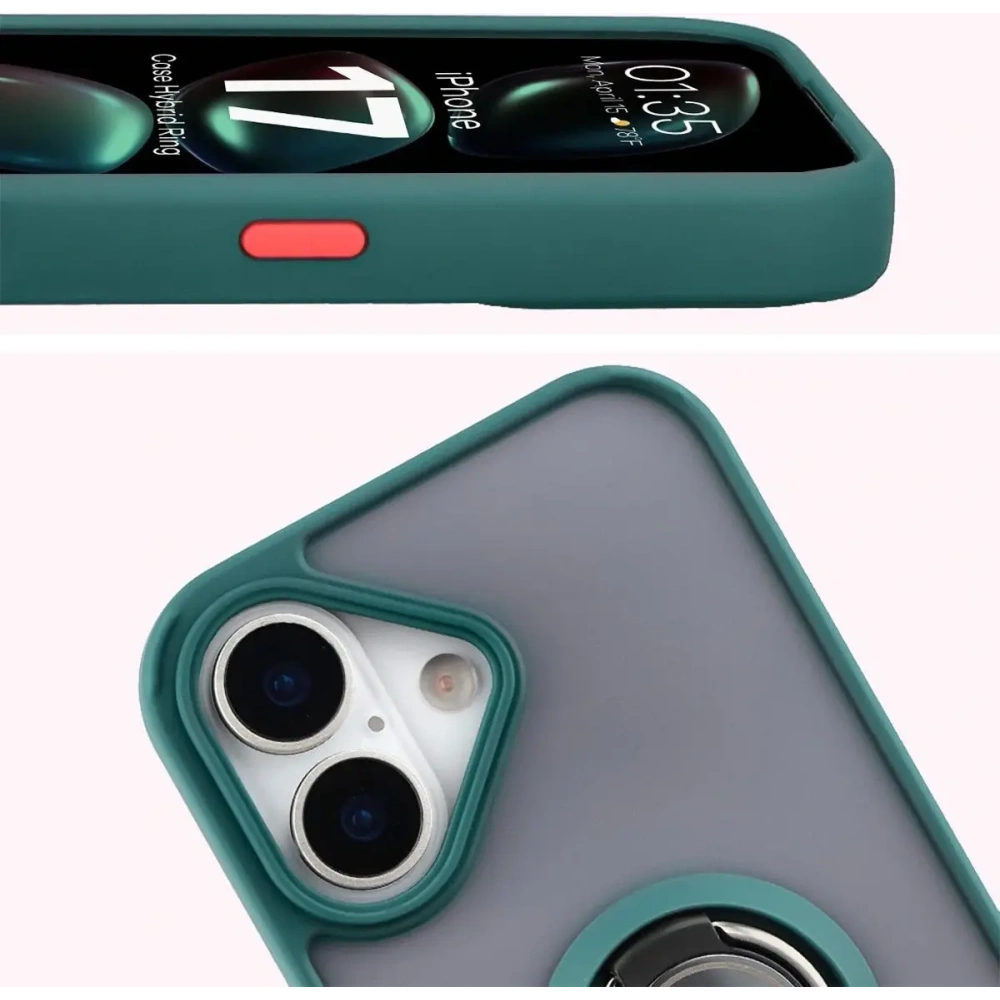 Etui z uchwytem na palec Bizon Case Hybrid Ring do Apple iPhone 17 przydymione z ciemnozieloną ramką