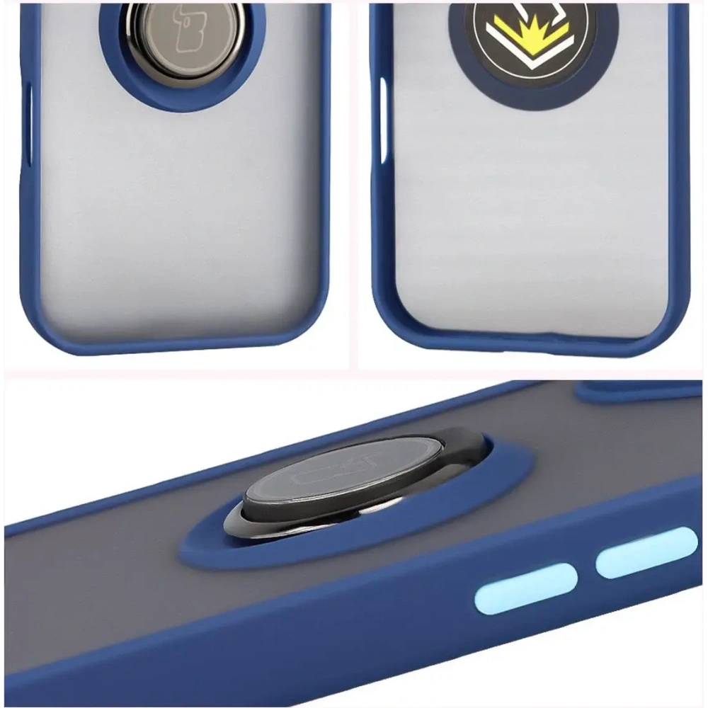 Etui z uchwytem na palec Bizon Case Hybrid Ring do Apple iPhone 17 przydymione z granatową ramką