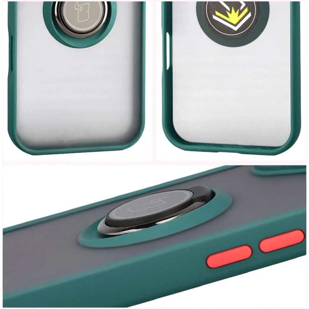 Etui z uchwytem na palec Bizon Case Hybrid Ring do Apple iPhone 17 przydymione z ciemnozieloną ramką
