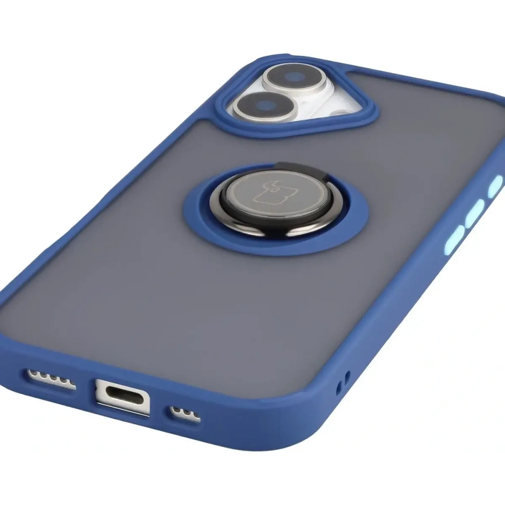 Etui z uchwytem na palec Bizon Case Hybrid Ring do Apple iPhone 17 przydymione z granatową ramką