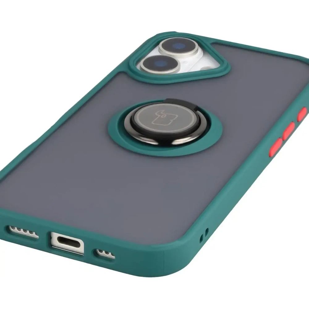 Etui z uchwytem na palec Bizon Case Hybrid Ring do Apple iPhone 17 przydymione z ciemnozieloną ramką
