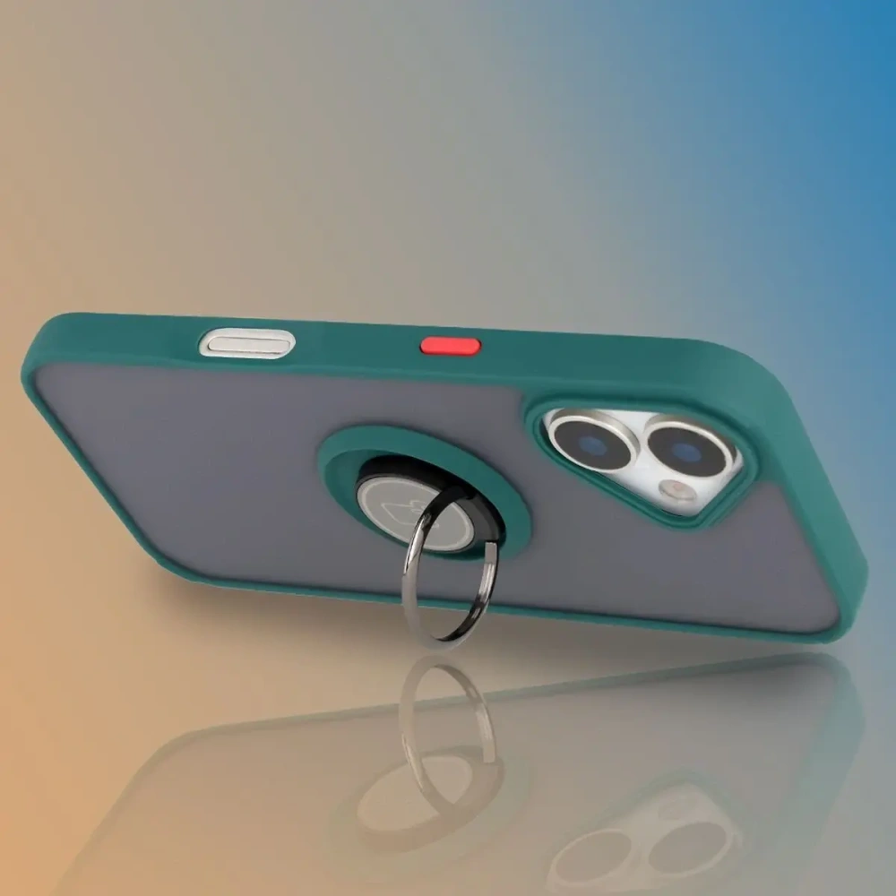 Etui z uchwytem na palec Bizon Case Hybrid Ring do Apple iPhone 17 przydymione z ciemnozieloną ramką